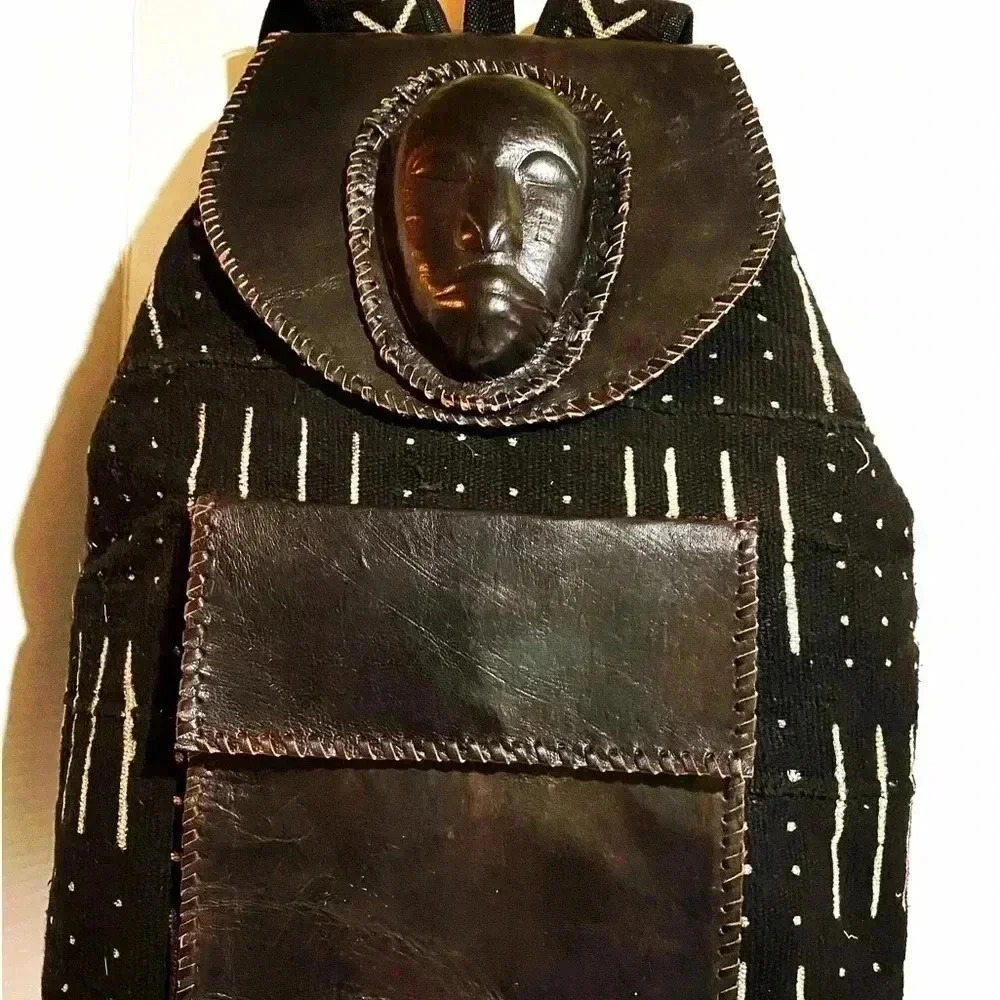 Handmade unisex Africa mud cloth leather backpack